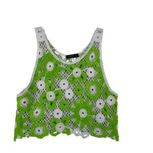 Green White Crochet Floral Crop Tank Festival Boho Y2K Summer Top M Grandmacore